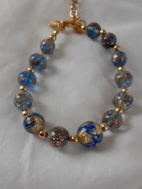 NWOT Murano Blue and Gold Glass Bead Bracelet